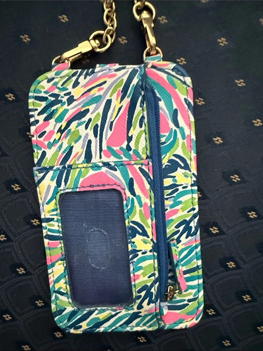 Lilly Pulitzer Gold Chain Crossbody Phone Holder with Multicolor Tropical Print